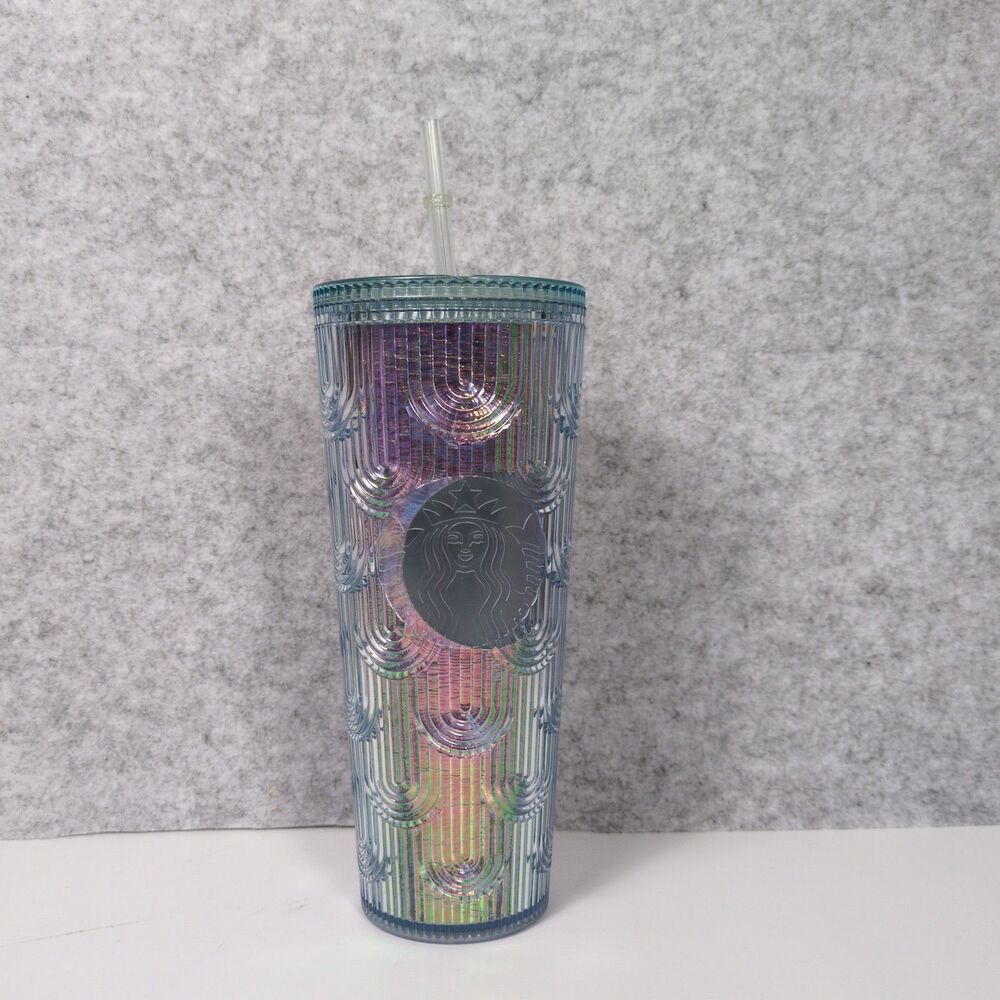 Starbucks Green Rainbow Iridescent Arch Texture Cold Cup Tumbler 24 oz Lid Straw